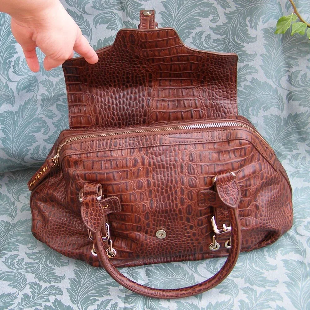 NEW MAZZINI Brown Leather Bag w/Tag Croc Embossed